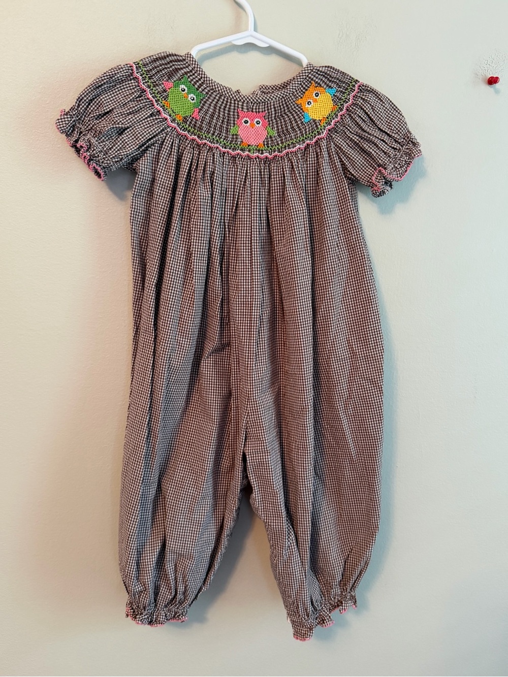 Petite Palace Smocked Owl Gingham Romper